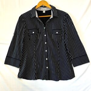 DALIA COLLECTION Black and White Striped Button Front Shirt Size XL